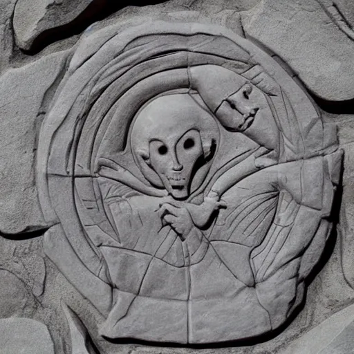 Prompt: stone relief of an apocalyptic prohecy picturing the arrival of aliens