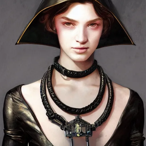 Image similar to A masterpiece portrait of a Incredibly beautiful futuristic high fashion queer model girl with A large luxurious Victorian necklace made of black leather. trending on artstation, digital art, by Stanley Artgerm Lau, WLOP, Rossdraws, James Jean, Andrei Riabovitchev, Marc Simonetti, Yoshitaka Amano