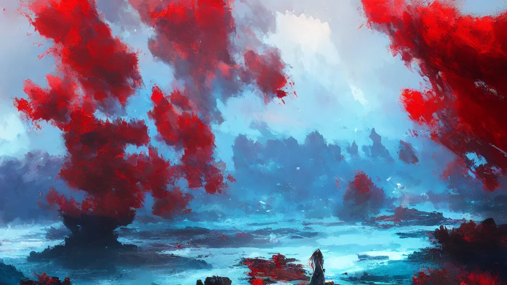 Prompt: stunning blue and red landscape by greg rutkowski and wlop