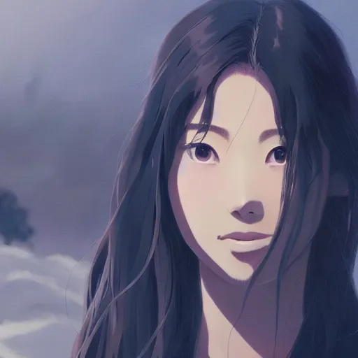 Image similar to beautiful young asian woman with long hair, realistic, detailed, cel shaded, in the style of makoto shinkai and greg rutkowski and james gurney