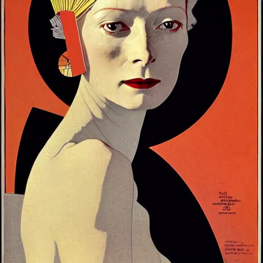 Image similar to a portrait by coles phillips of the stunningly beautiful actree, tilda swinton, mucha, kandinsky, art deco, decadence,