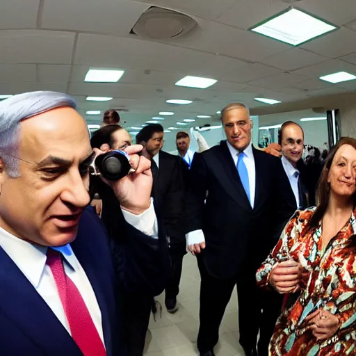 Image similar to fish eye lens photo of benjamin netanyahu looking at the camera curiously