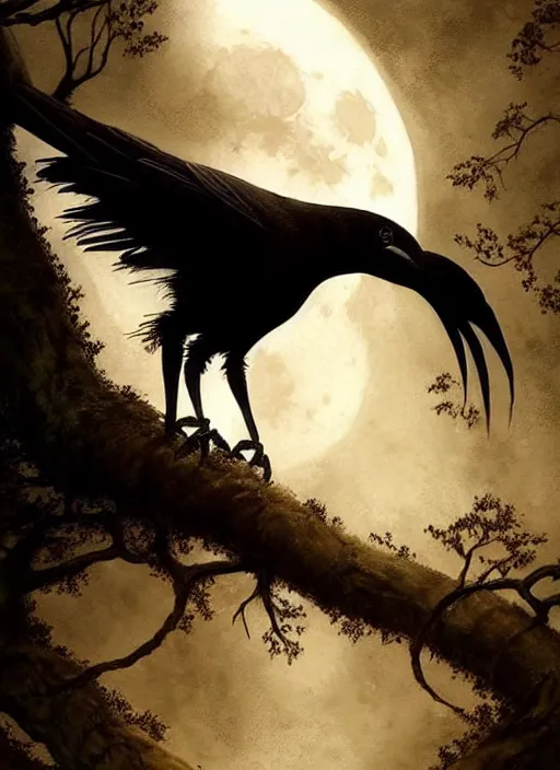 Image similar to side portrait dark crow on tree in front of the full big moon, fine art, awesome fantasy book cover on Pinterest, award winning, fantasy forest landscape, fantasy magic, dark golden light night, intricate, elegant, sharp focus, illustration, highly detailed, digital painting, concept art, matte, art by WLOP and Artgerm and Greg Rutkowski, masterpiece, trending on artstation