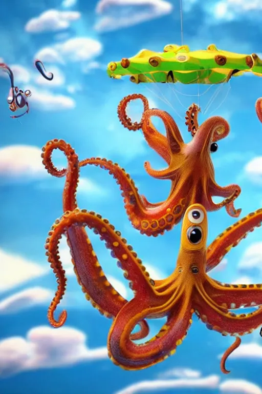 Prompt: Excited octopus in a shape of parachute holding aquarium in tentacles flying in a blue sky with white clouds . Pixar Disney render 3d animation movie Oscar winning