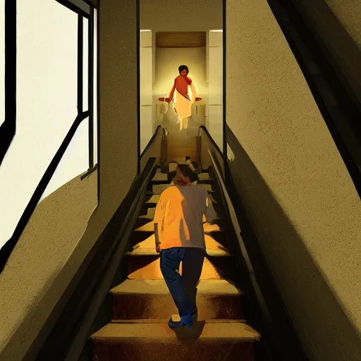 Prompt: a man going into heaven with his wife and children through stairs which is connecting his house to heaven , concept art trending on artstation, glowing effect, golden ratio, rule of thirds, illustration, digital painting, hyperreal, hyperdetailed, 8k