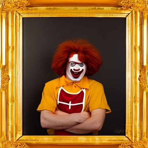 Image similar to extremely detailed studio portrait of ronald mcdonald surrended by gold, soft light, golden glow, award winning photo, 4 k