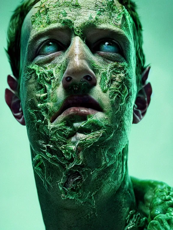 Image similar to portrait of a mark zuckerberg, skin peeling away to reveal bright green! reptile! scales!, forked tongue, art by ryo shiotani and greg rutkowski, intricate, beautiful, cinematic lighting, vintage art by serge ivanoff, high resolution, very detailed