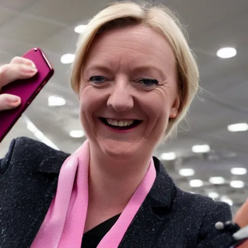 Prompt: a smiling Liz Truss takes a selfie as a nuclear bomb explodes behind her