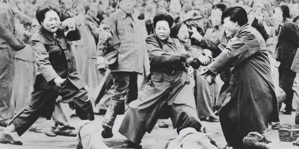 Prompt: a photo of mao zedong fighting with margaret thatcher, photorealistic, dramatic