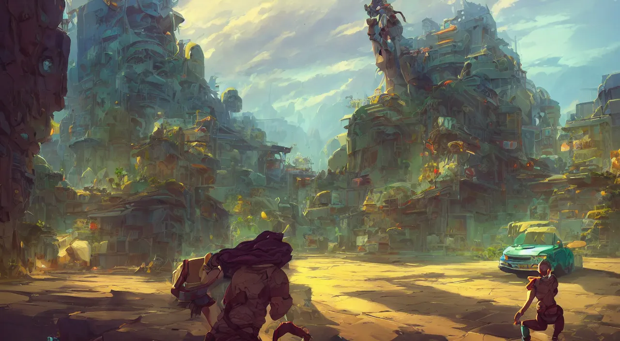 Image similar to grounded camera low angle arabian marketplace skyup vivid tissu color fabric greeble block jungle dirt wall fortress volume lighting shine video game icon, 2 d game art gta cover, official fanart behance hd artstation by jesper ejsing, by rhads, makoto shinkai and lois van baarle, ilya kuvshinov, rossdraws