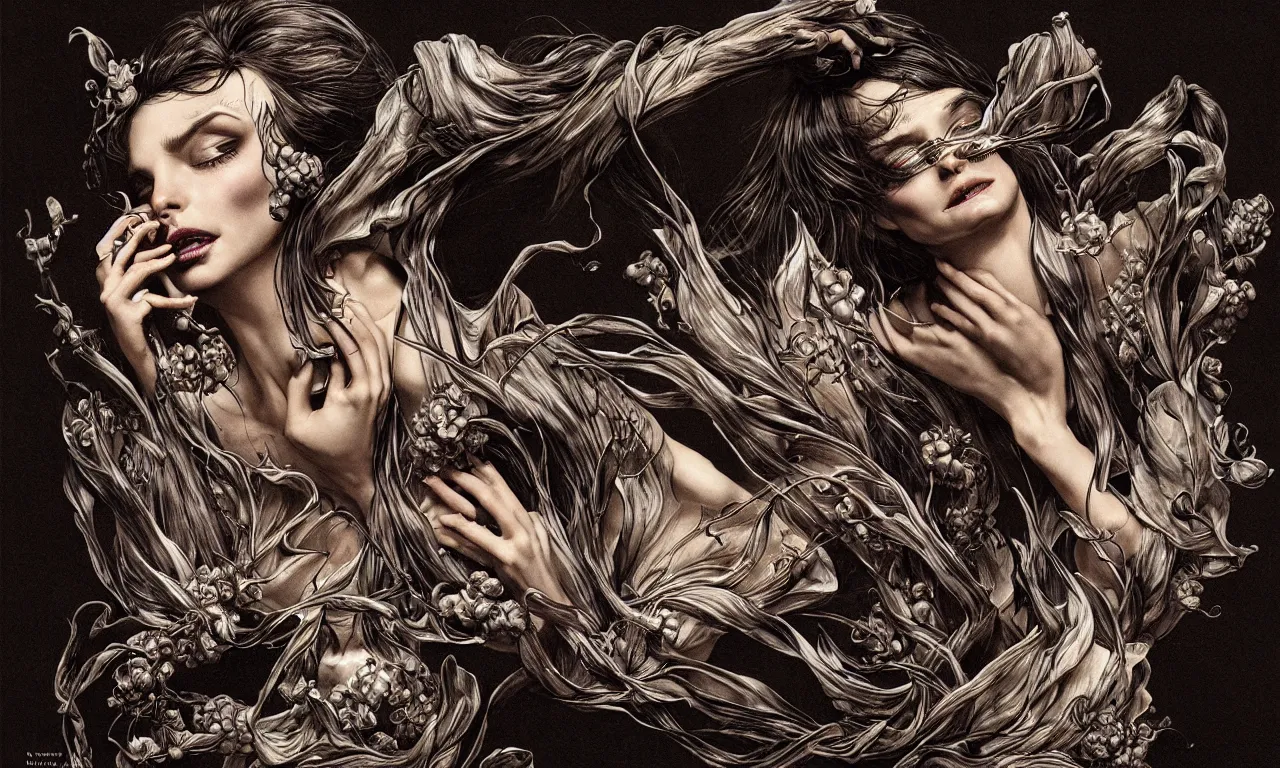 Image similar to fragrance advertising campaign by bernie wrightson, highly detailed