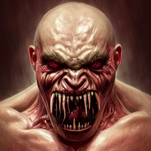 Image similar to Dark Fantasy Painting of a hulking muscular demonic flesh creature with drool dripping from its mouth, creepy, unsettling, horror, upper body, intricate, wild, highly detailed, digital painting, artstation, concept art, smooth, sharp focus, illustration, art by artgerm and greg rutkowski and alphonse mucha