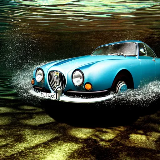 Image similar to hyperrealistic photo of an old jaguar car underwater in a swimming pool, 4 k, 8 k, thin film, full shot