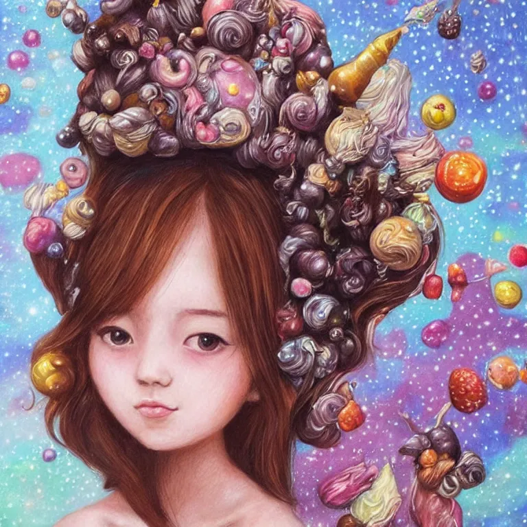 Prompt: a beautiful photorealistic portrait of a singular inspirit girl on whose head a space and cosmic places like ganache, planets like a whipped frosting or filling made with semisweet chocolate and cream, used for cakes, pastries, and candies, highly detailed, fantasy art, art work