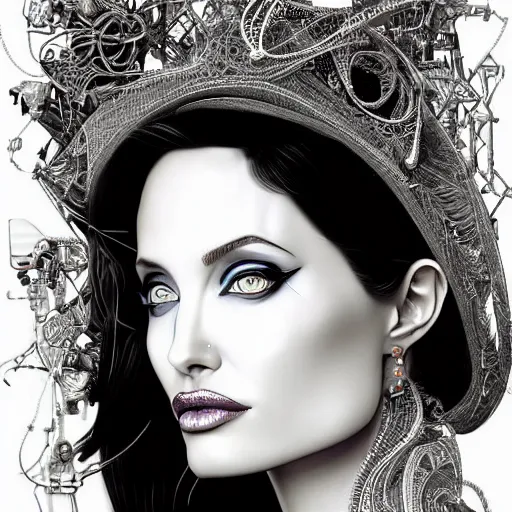 Prompt: the portrait of an absurdly elegant, sophisticated, fashionable ottomanpunk robotess idol, an ultrafine hyperdetailed illustration of angelina jolie and megan fox by kim jisu, intricate linework, neon wiring, electronics, porcelain skin, unreal engine 5 highly rendered, global illumination, radiant light, detailed and intricate environment, by rutkowski, artgerm, marvel comics