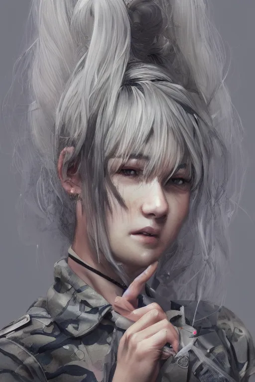 Prompt: girl, silver hair (ponytail), multicam camo, posing, (trending on artstation), beautiful face, cinematic full body shot, ilustration by Takehiko Inoue (((and Yoann Lossel)))