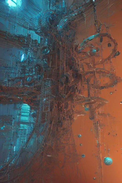 Image similar to interstellar spacetime dystopía made of bits of data | moods by Beeple toothwu gurney Beksiński | hard surface rendering; 3D realistic materials;cybersteampunk | geometry of various pieces of interconnected rusted metallic radial gears, chains, gizmos, cogs, sprogs | touch of skyblue science fiction fantasy