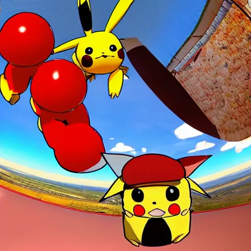 Image similar to A tomato and Pikachu on drugs flying Indoor skydiving in the ancient world, tripping, hyperreallistic