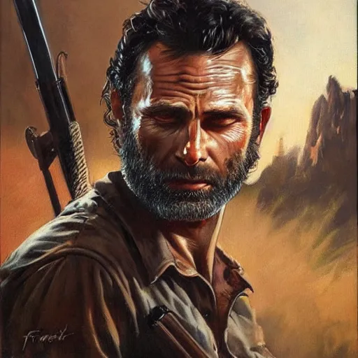 Image similar to ultra realistic portrait painting of rick grimes as a western outlaw, art by frank frazetta, 4 k, ultra realistic, highly detailed, epic lighting