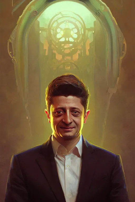 Prompt: zelensky as president, portrait, highly detailed, digital painting, artstation, concept art, smooth, sharp focus, illustration, cinematic lighting, art by artgerm and greg rutkowski and alphonse mucha