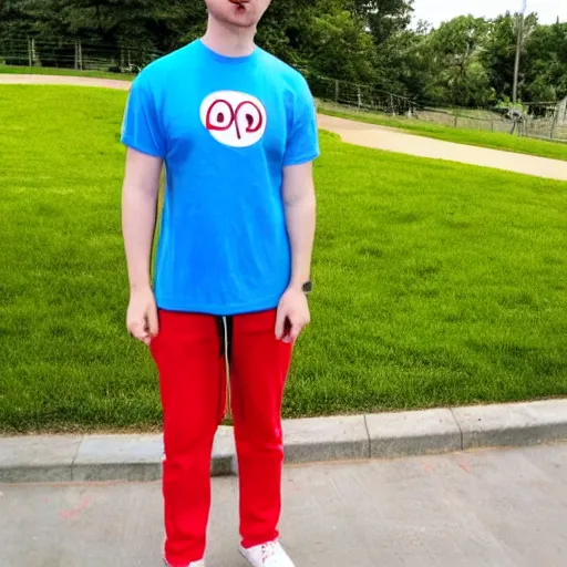 Image similar to a full body shot of an average white, short young - adult man with blue dyed hair holding a microphone, wearing a red backwards cap, white t - shirt with a red no symbol on it, blue long pants and red shoes