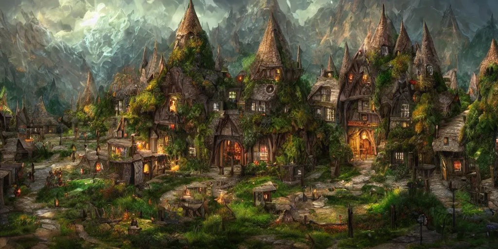 Image similar to high fantasy magical elven town village, gilroy gardens, j. r. r tolkien, lord of the rings, rpg, dungeons and dragons, elden ring, adventure, environment, smooth, sharp focus, deviantart, artstation