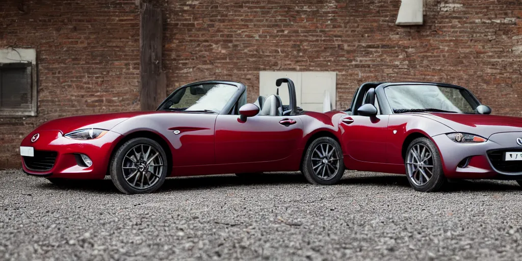 Image similar to a wide angle photograph of a grey rabbit posing with their red mazda mx-5