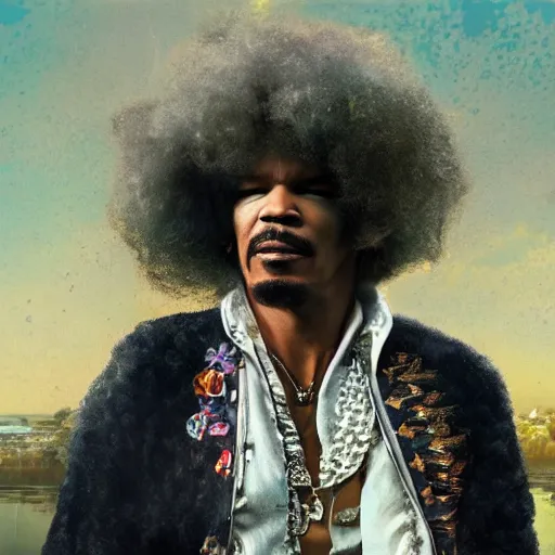 Image similar to UHD movie still of Jamie Foxx as Jimi Hendrix by Antonio Caparo and Ferdinand Knab and Amano UHD photorealistic trending on artstation