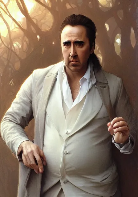 Prompt: male nicolas cage is pregnant, handsome, intricate, elegant, highly detailed, digital painting, artstation, concept art, smooth, sharp focus, illustration, art by artgerm and greg rutkowski and alphonse mucha and william - adolphe bouguereau