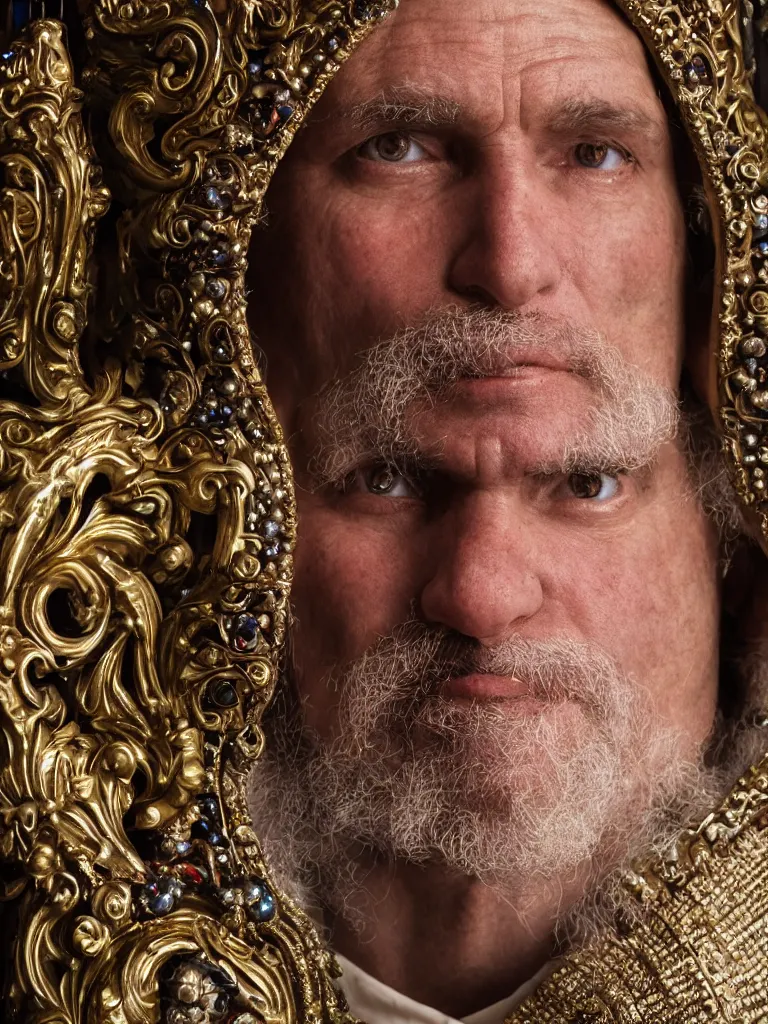 Image similar to a high-resolution color-chrome closeup portrait photo of a medieval priest, kissing a incredible elegant pale renaissance, with ornate jewelled, rococo Queen, sci-fi, high-tech, beautiful low light, style Steve McCurry Octane render 8k