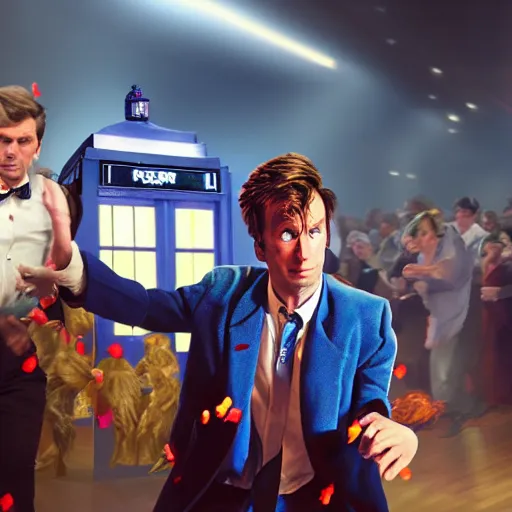 Prompt: the tenth Doctor Who at a polka dancing contest at the YMCA gym, everyone in the background cheering him on, the Tardis door is open, cgsociety, artstation, UE5, 8K, 4K