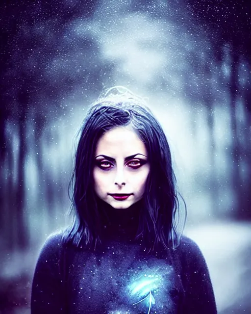 Image similar to style of mikko lagerstedt, artgerm : : gorgeous willa holland : : evil witch, swirling black magic, black dress : : symmetrical face, symmetrical eyes : : full body pose : : gorgeous black hair : : magic lighting, low spacial lighting : :