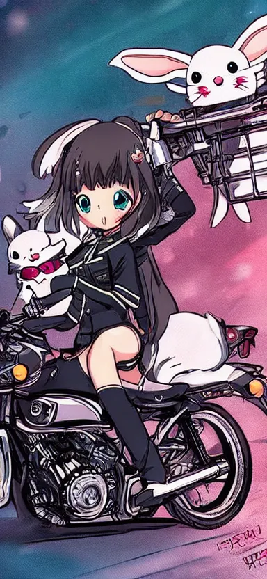Image similar to a bunny riding a motorcycle, anime, detailed, kawaii
