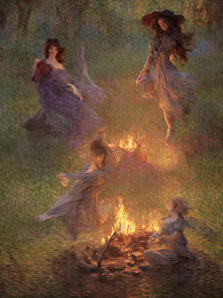 Image similar to illustration studio portrait of witches dancing and floating around a big firepit in artistic poses at the forest in a witch's dark coven, monet painterly motives and textures pattern, hyper detailed, octane render, vivid colors, artstation, by jeremy mann, by alphonse mucha, by monet