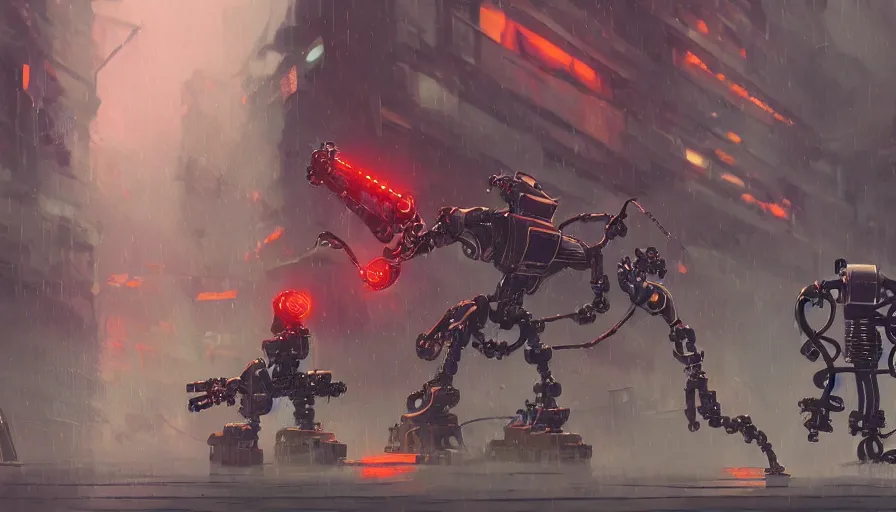 Image similar to a steampunk robot duels a cyberpunk robot, raining, sharp focus, james gilleard, cinematic, game art, extremely detailed digital painting