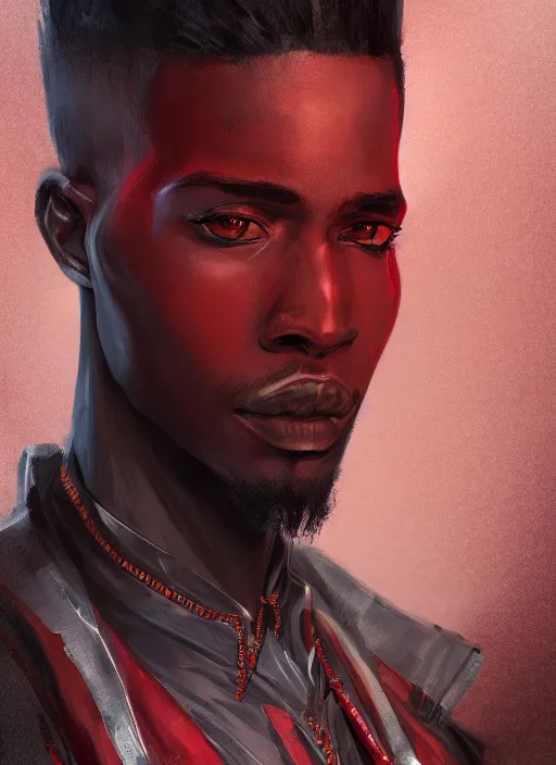 Image similar to a highly detailed illustration of attractive young african guy with flat top hair wearing red jacket, dramatic standing pose, intricate, elegant, highly detailed, centered, digital painting, artstation, concept art, smooth, sharp focus, league of legends concept art, wlop