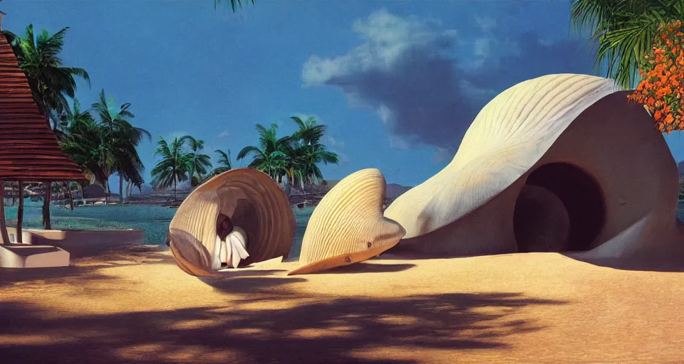 Image similar to a giant seashell house with a doorhole, cinematography by syd mead, gregory crewdson