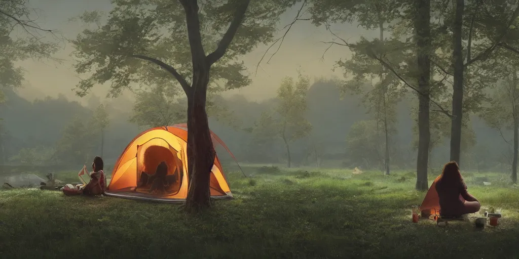 Prompt: looking out a window to see two women camping, elegant scene, low angle, wide angle, indian forest, wide angle, cinematic, ultrarealistic, trending on artstation, cgsociety, highly detailed, color graded, rendered in unreal engine 4 k hq, matte painting, by simon stalenhag and hudson river school, horizon forbidden west