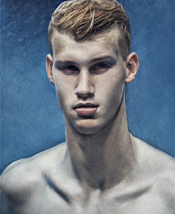 Prompt: portrait of a handsome young swedish swimmer, art by denys tsiperko and bogdan rezunenko, hyperrealism