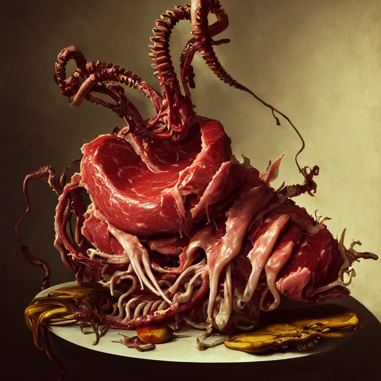 Prompt: still life of rotten meat flesh, white xenomorph, beautiful tropical flowers, human spine, colorful mold, baroque painting, beautiful detailed intricate insanely detailed octane render, 8K artistic photography, photorealistic, chiaroscuro, Raphael, Caravaggio