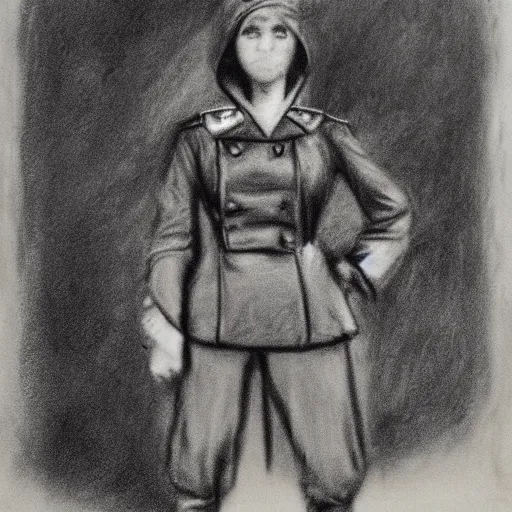 Prompt: charcoal drawing of an early 20th century working class girl, light hair, wearing a prussian army uniform, spiked hood, fighting stance