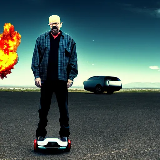 Prompt: Walter White from Breaking Bad (2008) standing on a hoverboard with an exploding car behind him, HDR, 8k,