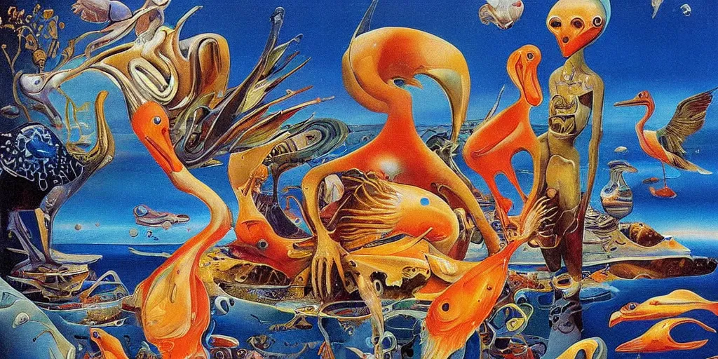 Image similar to a beautiful abstract with goldfish, pelicans and a human couple in an alien landscape by salvador dali and gerald brom