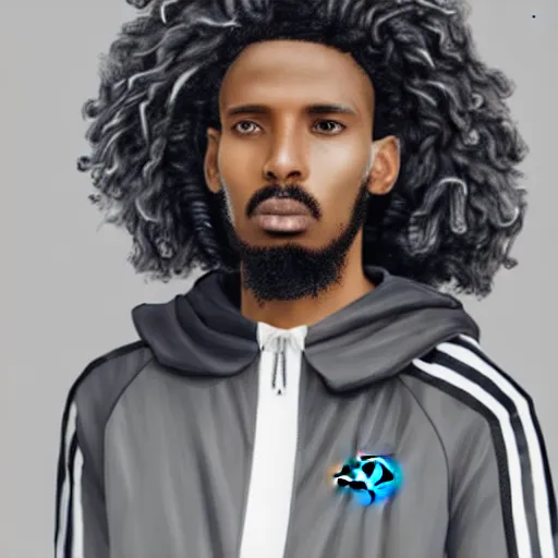 Image similar to a somali man with long curly hair, dressed in adidas clothing, intricate, elegant, highly detailed, centered, digital painting, smooth, cinematic