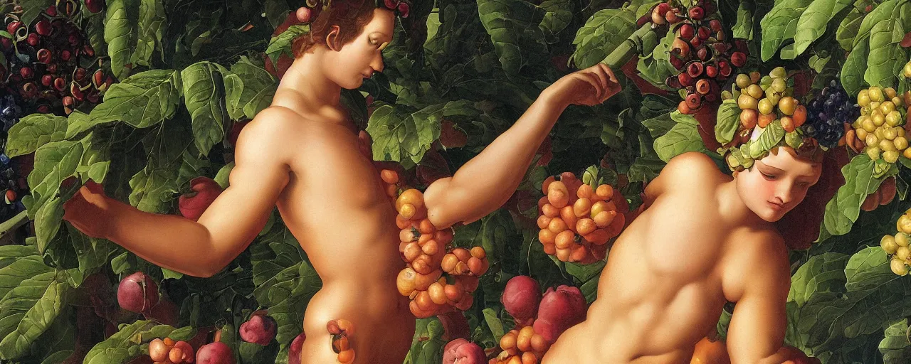 Image similar to cyborg and human, garden with fruits on trees, closeup, ultra detailed, Guido Reni style