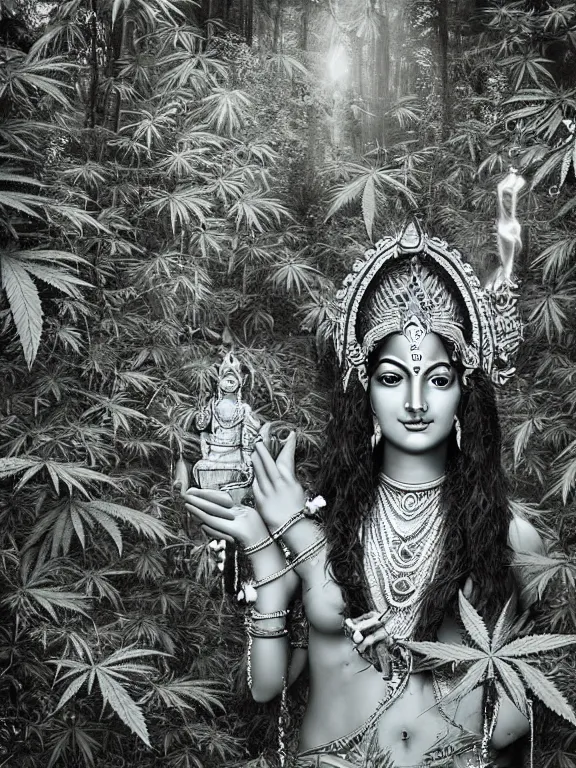 Image similar to hindu goddess in cannabis forest, film photo, grainy, high detail, high resolution,