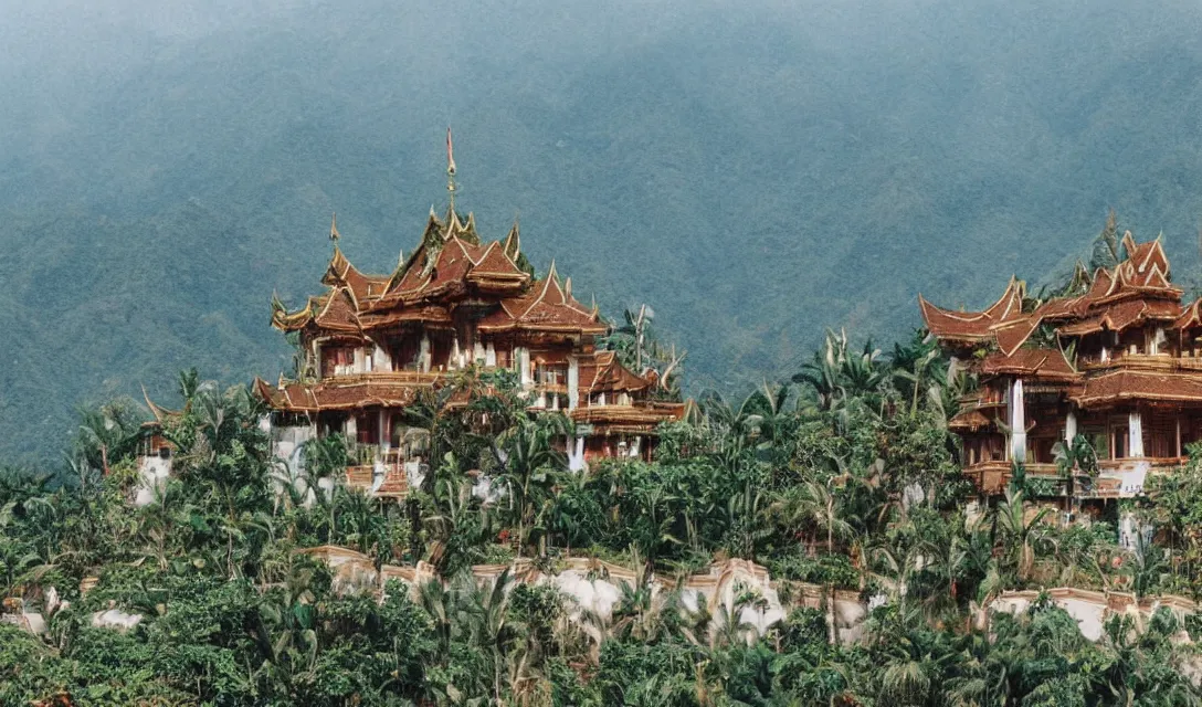 Image similar to Giant sprawling fantasy Filipino palace with lots of ornamentation in the mountains from a distance, photograph 35mm lens