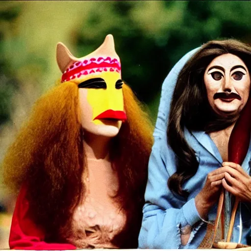 Image similar to 1970 hippie woman on tv show with a long prosthetic snout nose, big nostrils, wearing a robe in the park 1970 color archival footage color film 16mm holding a hand puppet Fellini Almodovar John Waters Russ Meyer Doris Wishman