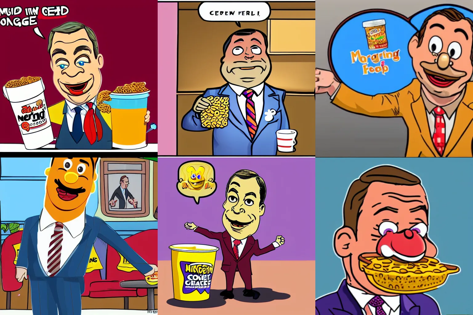 Prompt: cartoon of nigel farage as a morning cereal mascot character