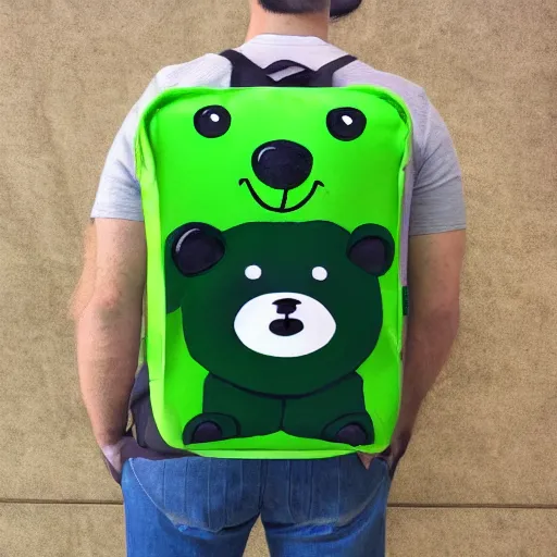 Image similar to big realistic bear standing on two legs, wearing big green bag at his bac, square backpack, photo realistic, high detail, smooth